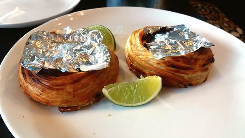 High angle view of dessert in plate on table