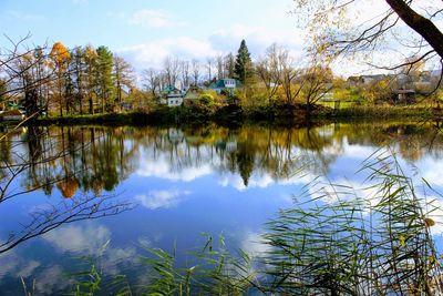 Reflection of trees in lake against sky