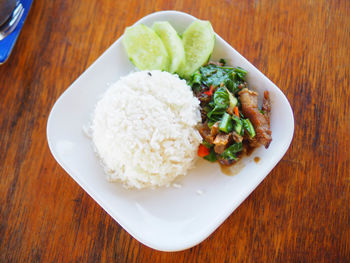 High angle view of meal served on table