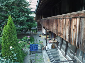 High angle view of building by trees
