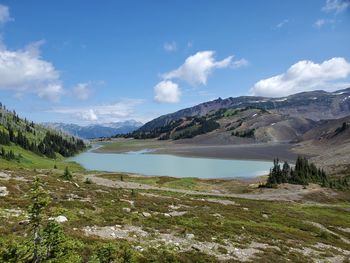 Scenic view of lake and mountains against sky