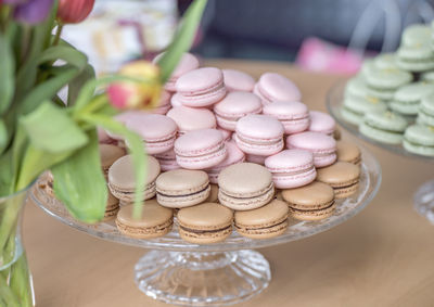 Close-up of macaroons in plate