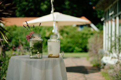 Lemonade glass bottle on table at yard at summer party