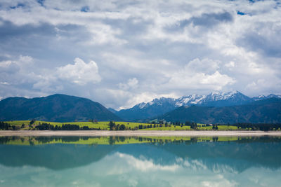 Scenic view of lake and mountains against sky