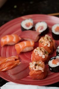 Close-up of sushi served in plate