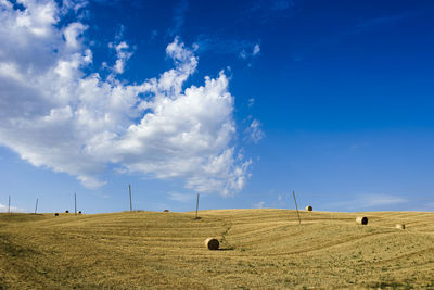 Agricultural rural landscape with collected straw and a blue sky with big clouds