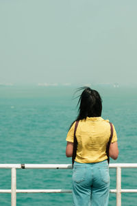 Rear view of woman looking at sea against sky