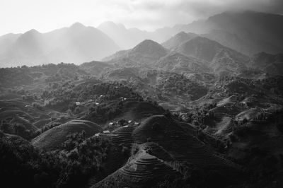 High angle view of mountains against sky