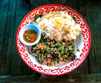 High angle view of breakfast served on table