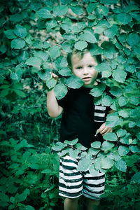 Cute boy standing by leaves