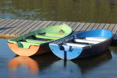 High angle view of boats moored in lake