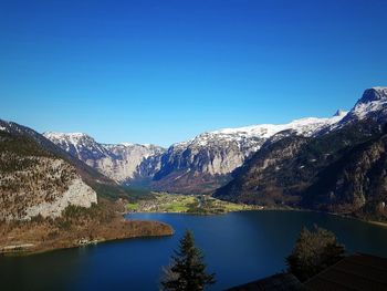 Scenic view of lake and mountains against clear blue sky