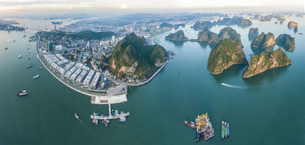 High angle view of boats in sea