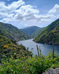 Scenic view of lake and mountains against sky