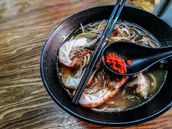 High angle view of food in bowl on table