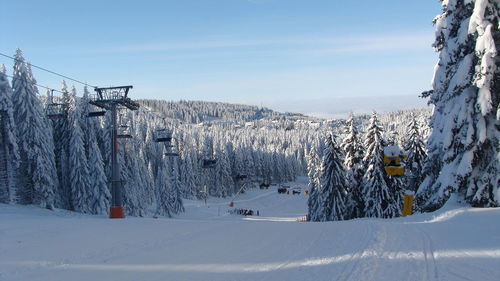 Scenic view of snow covered mountains