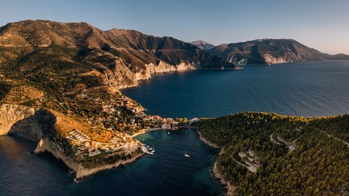 High angle view of bay against sky