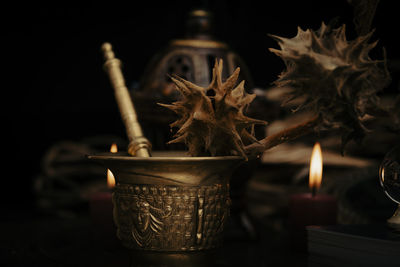 Close-up of christmas decorations on table