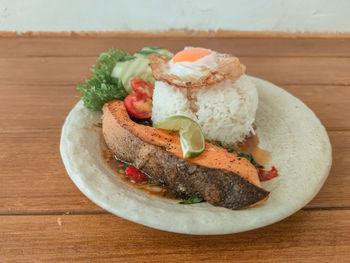 Close-up of breakfast served on table