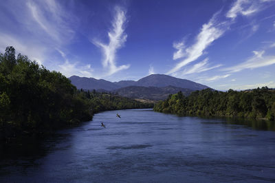 Scenic view of lake by trees against sky