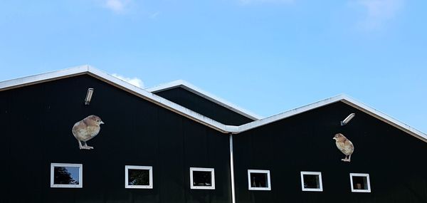 Low angle view of bird perching on building against sky