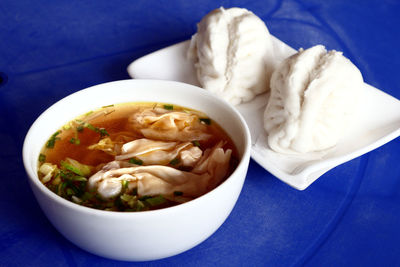 High angle view of soup in bowl on table