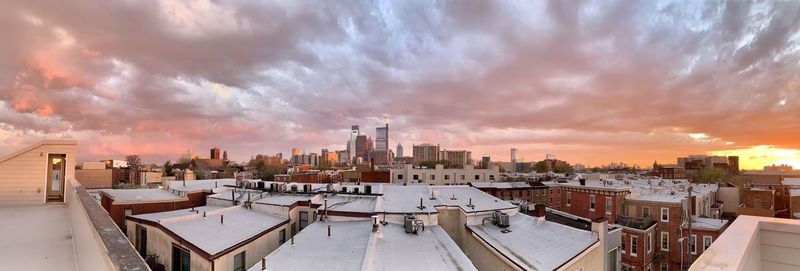 Panoramic view of buildings against sky during sunset