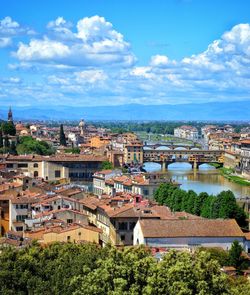 High angle view of townscape by river against sky