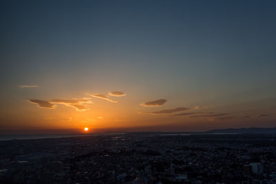 Aerial view of buildings against sky during sunset