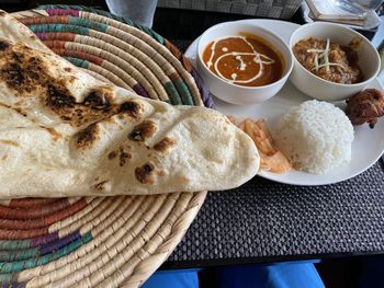 High angle view of breakfast served on table