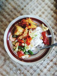 High angle view of meal served on table