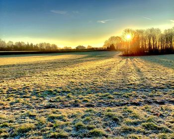 Scenic view of snowy field against sky during sunset