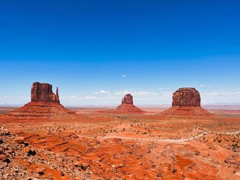 Rock formations on landscape against clear blue sky