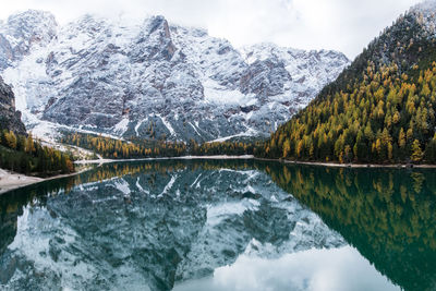 Scenic view of lake against snow covered mountain