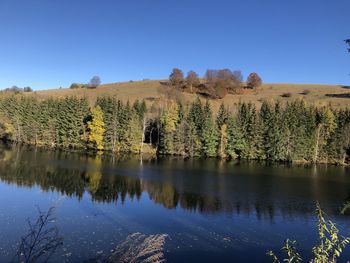 Scenic view of lake against clear blue sky