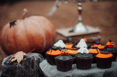 Close-up of jack o lantern on table