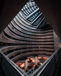 High angle view of illuminated modern building at night