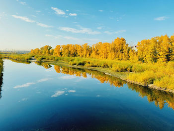 Scenic view of lake against sky during autumn