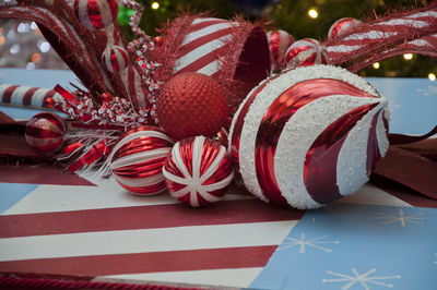 Close-up of christmas decoration on table