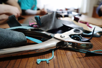 Close-up of work tool on table