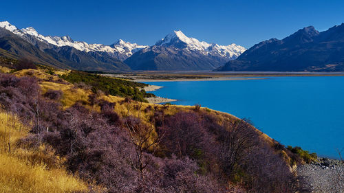 Scenic view of lake and mountains against sky