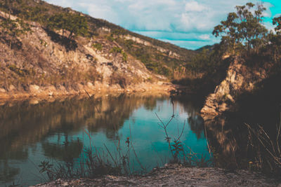 Scenic view of lake by trees against sky