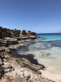 Scenic view of sea against clear blue sky