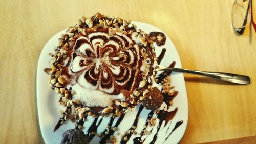 High angle view of dessert in plate on table