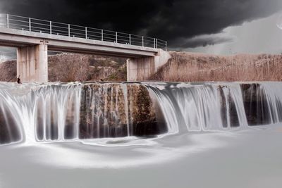 Long exposure of waterfall against cloudy sky