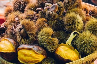 High angle view of fruits in basket for sale at market