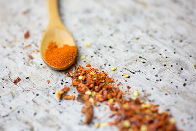 Close-up of paprika on wooden table