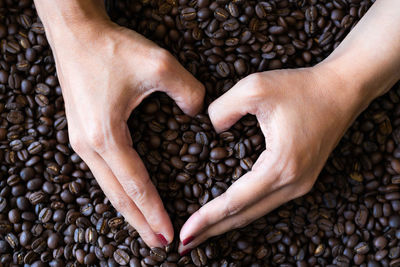Close-up of hand holding coffee beans