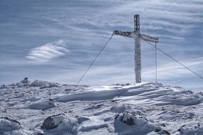 Low angle view of snow covered mountain against sky