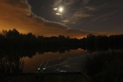 Silhouette of trees with lake in background